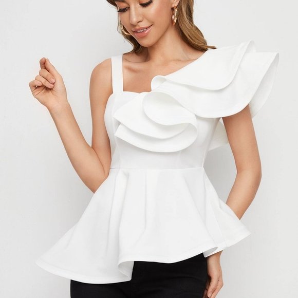. Tops - White Boho Womens Asymmetrical Neck Ruffle Trim Peplum Top